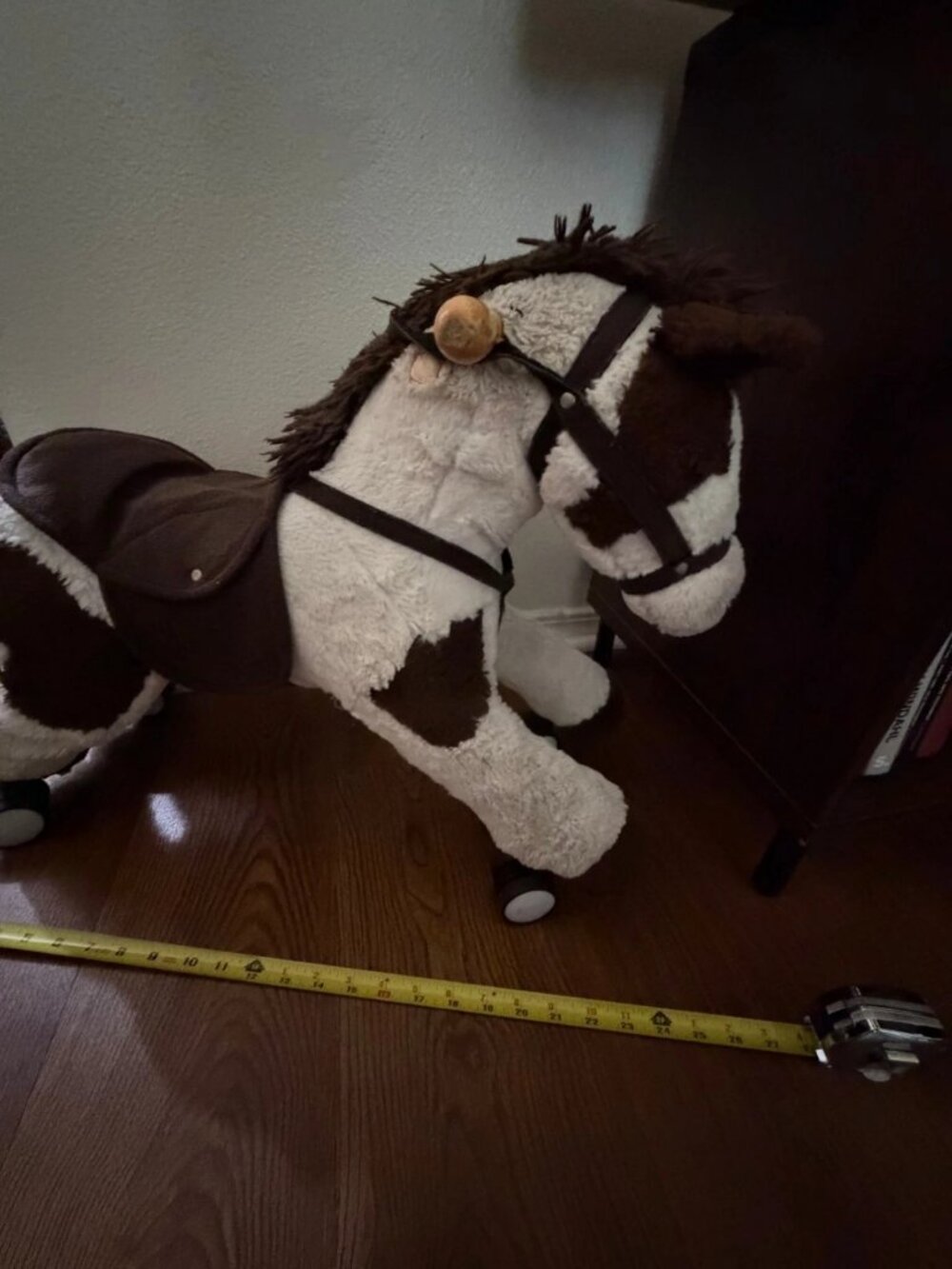 Plush Ride-On Horse Toy Brown White Pinto Saddle Wheels - Item #748